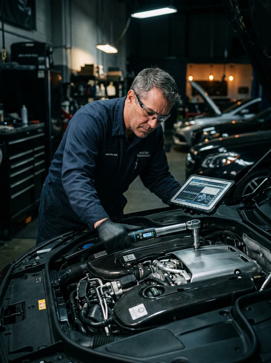 Master technician conducting precision electronic torque check at IS Motors atelier